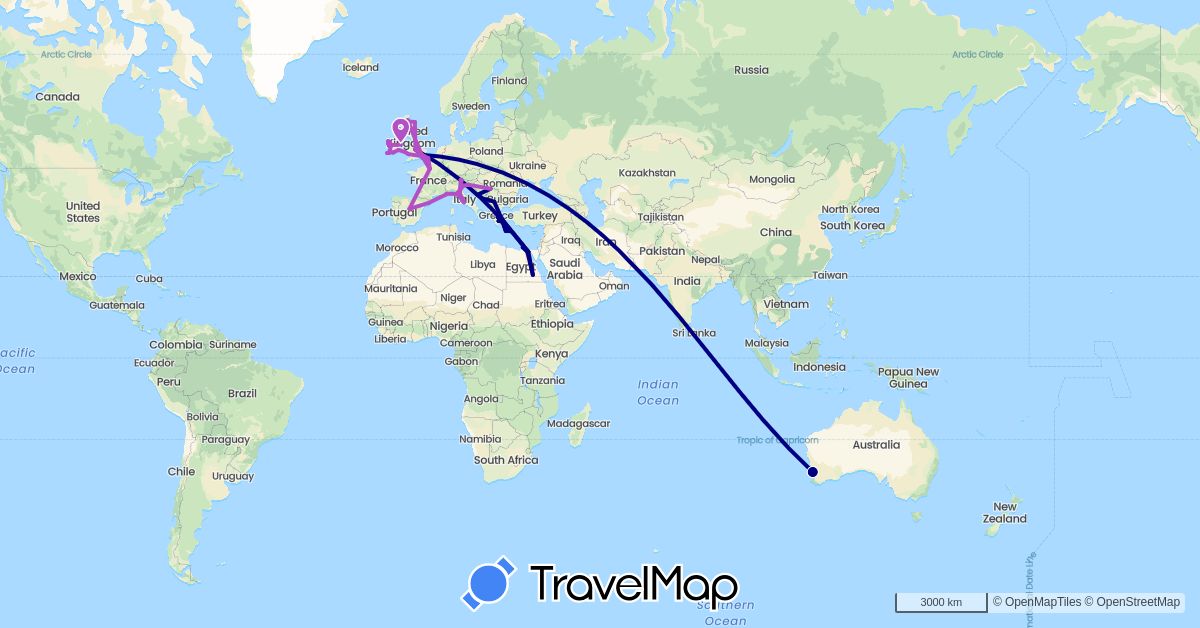TravelMap itinerary: driving, train in Australia, Egypt, Spain, France, United Kingdom, Greece, Croatia, Ireland, Italy, Montenegro, Macedonia, Serbia, Vatican City (Africa, Europe, Oceania)